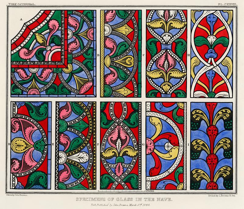 Specimens of the Glass in the Nave (1845) by John Bowne, a vibrantly colored painting of the vintage glass of York Cathedral. Digitally enhanced from our own original plate. Specimens of the Glass in the Nave (1845) by John Bowne, a vibrantly colored painting of the vintage glass of York Cathedral.…