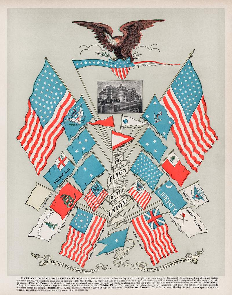 The Flags of the Union (1901), a vibrantly… | Free public domain illustration The Flags of the Union (1901), a vibrantly colored illustration of various USA flags and a bald eagle perched on top.…
