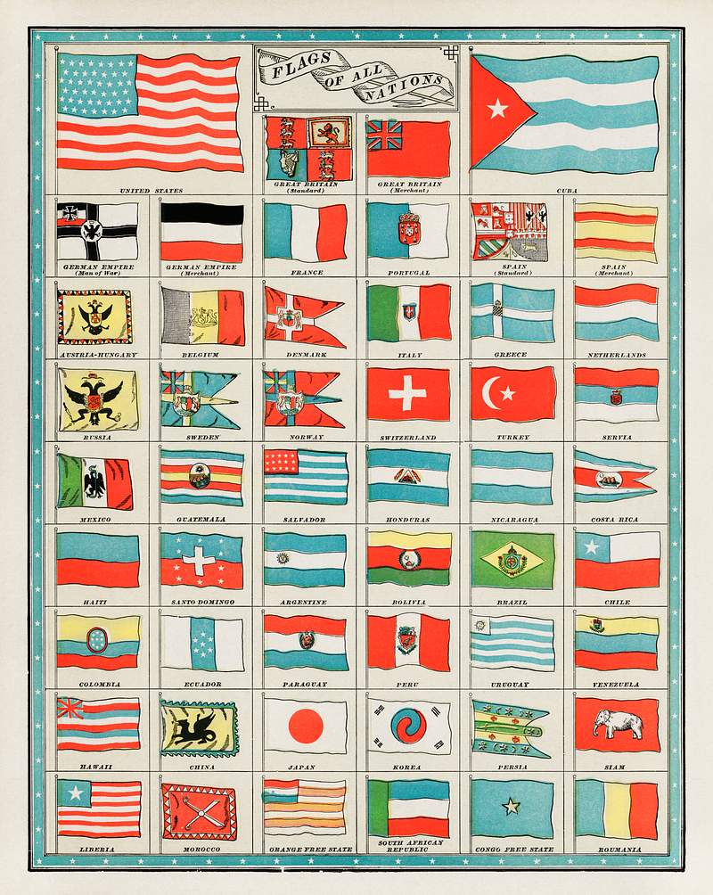 The Flags of All Nations (1901), a vibrantly… | Free public domain illustration The Flags of All Nations (1901), a vibrantly colored illustration of variants of flags. Digitally enhanced from our own…