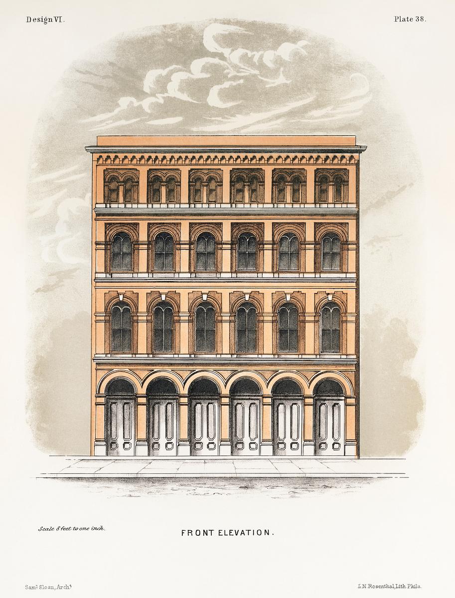 Front elevation from the book City & Suburban… | Free public domain illustration Front elevation from the book City & Suburban Architecture, Lippincott by Samuel Sloan (1815–1884). A frontal view of a…