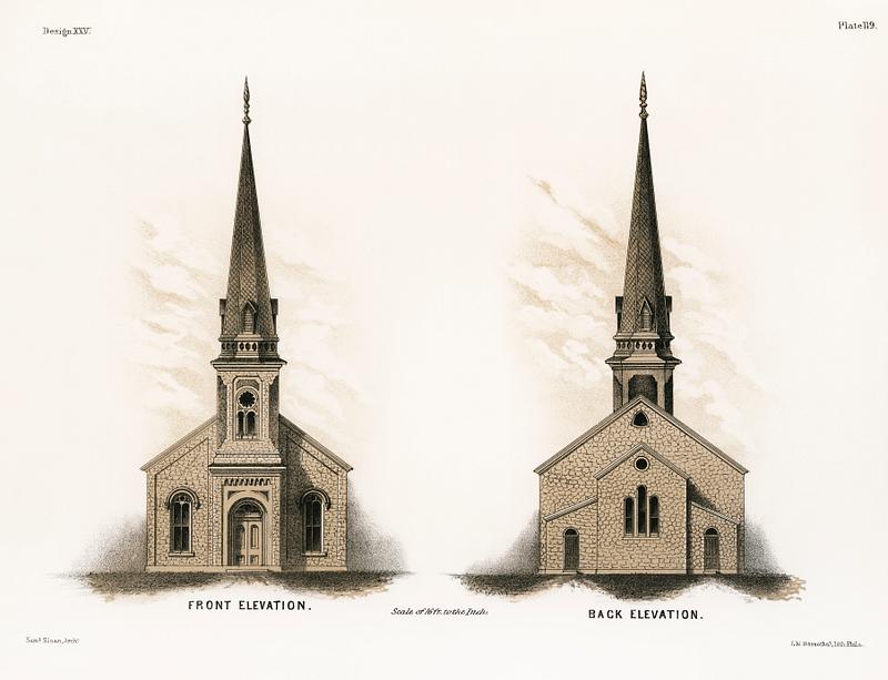 Illustration of a frontside and a backside of an American church by Samuel Sloan (1815–1884), a vintage drawing of a simple architecture. Digitally enhanced from our own original plate. Illustration of a frontside and a backside of an American church by Samuel Sloan (1815–1884), a vintage drawing of a simple…