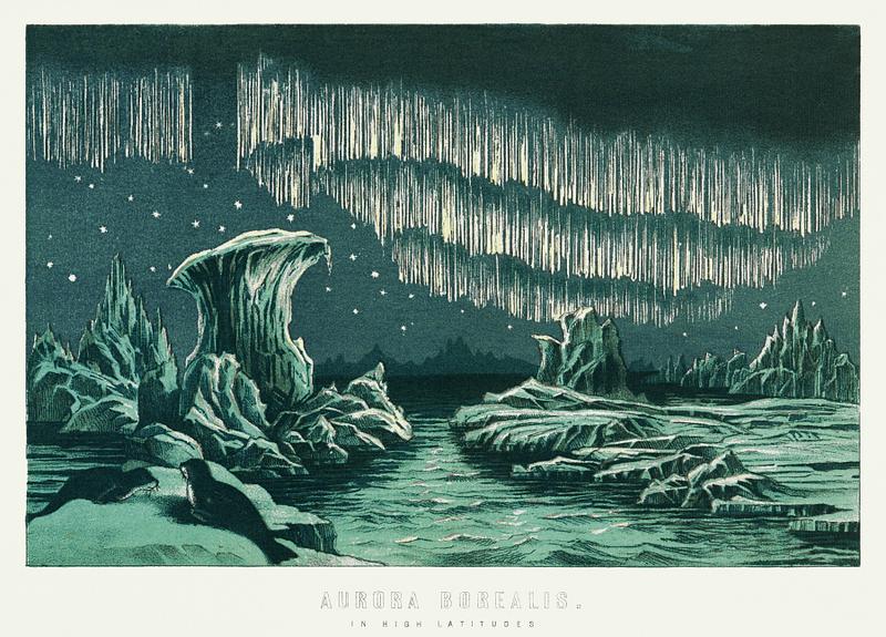 Aurora Borealis in High Latitudes from the book William MacKenzie’s National Encyclopedia (1891), a colored illustration of the beautiful polar lights in the night sky. Digitally enhanced from our own original plate. Aurora Borealis in High Latitudes from the book William MacKenzie’s National Encyclopedia (1891), a colored illustration of…
