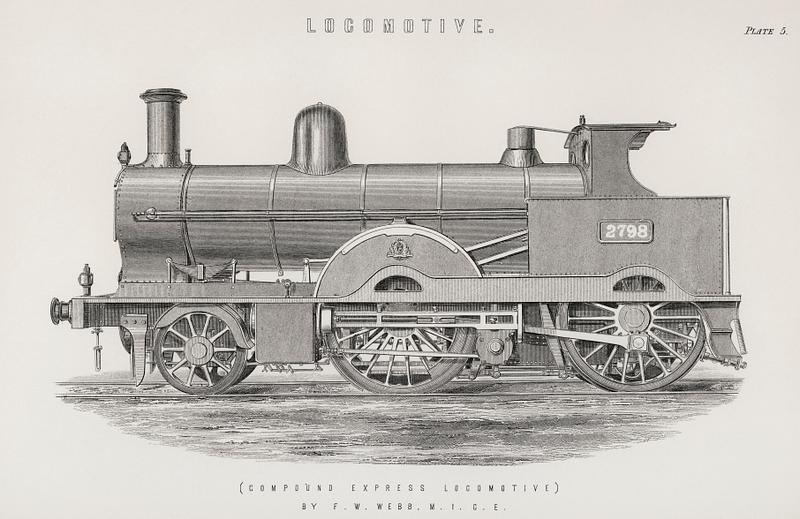 Locomotive (1891) by Francis William Webb (1836–1906), a beautifully detailed design of an engine train and its compartments. Digitally enhanced from our own original plate. Locomotive (1891) by Francis William Webb (1836–1906), a beautifully detailed design of an engine train and its compartments.…