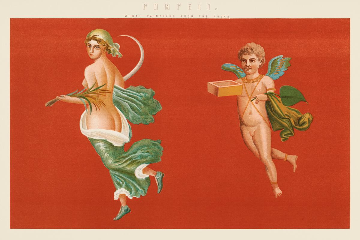 Pompeii: Mural Paintings from the Ruins… | Free public domain illustration Pompeii: Mural Paintings from the Ruins (1891) by William Mackenzie, a beautiful virgin and a little boy cherub. Digitally…