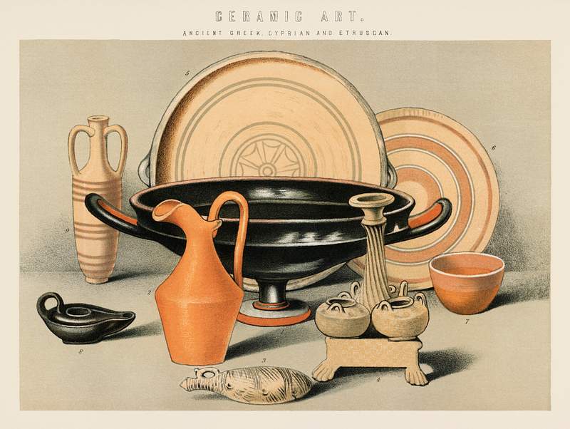 Ceramic Art: Ancient Greek, Cyprian and… | Free public domain illustration Ceramic Art: Ancient Greek, Cyprian and Etruscan (1891), a collection of everyday ceramic tools used in the ancient times.…