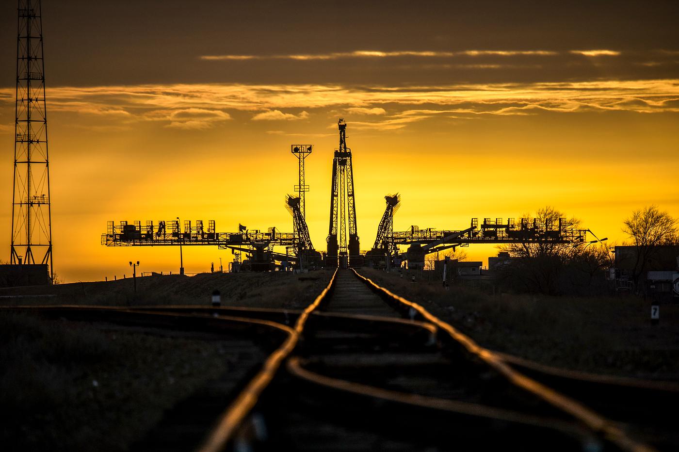 Tthe Soyuz launch pad shortly before the Soyuz TMA-12M spacecraft is rolled out by train to the launch pad at the Baikonur... Tthe Soyuz launch pad shortly before the Soyuz TMA-12M spacecraft is rolled out by train to the launch pad at the Baikonur...