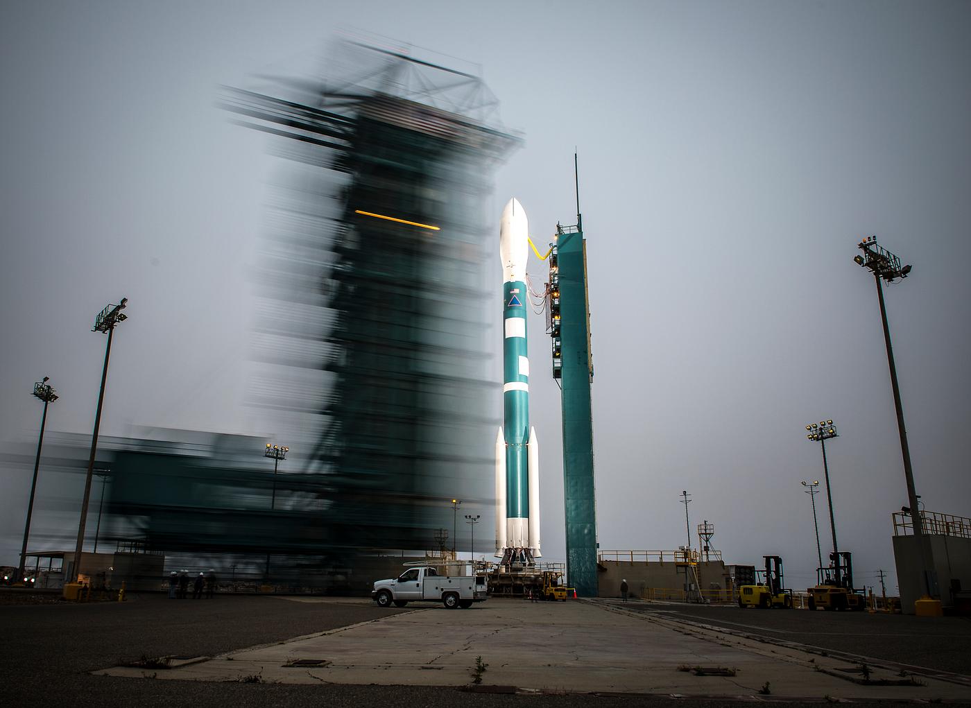 The launch gantry is rolled back to reveal the United Launch Alliance Delta II rocket at Vandenberg Air Force Base, Calif.... The launch gantry is rolled back to reveal the United Launch Alliance Delta II rocket at Vandenberg Air Force Base, Calif....
