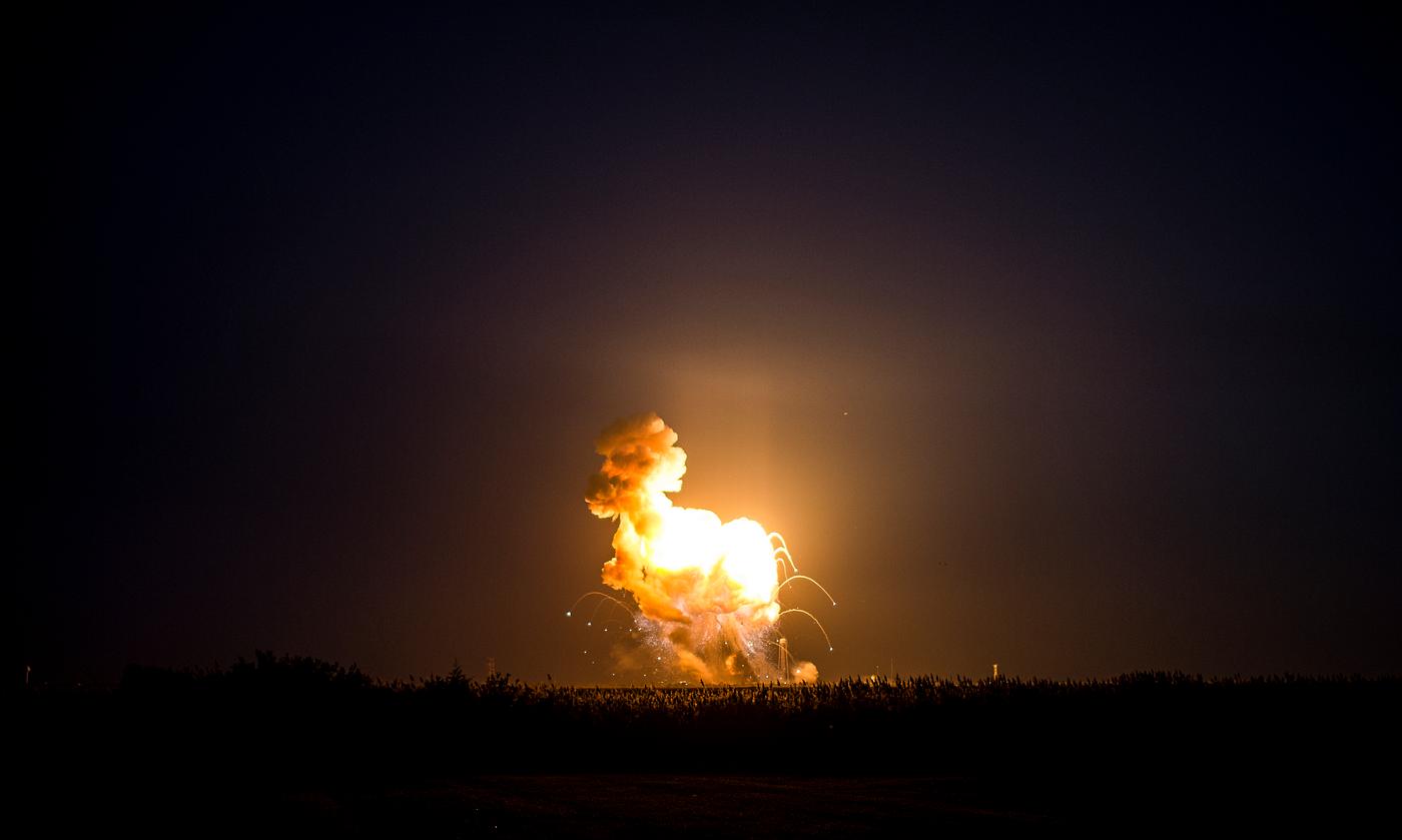 The Orbital Sciences Corporation Antares rocket suffers a catastrophic anomaly moments after launch. Original from NASA.... The Orbital Sciences Corporation Antares rocket suffers a catastrophic anomaly moments after launch. Original from NASA....