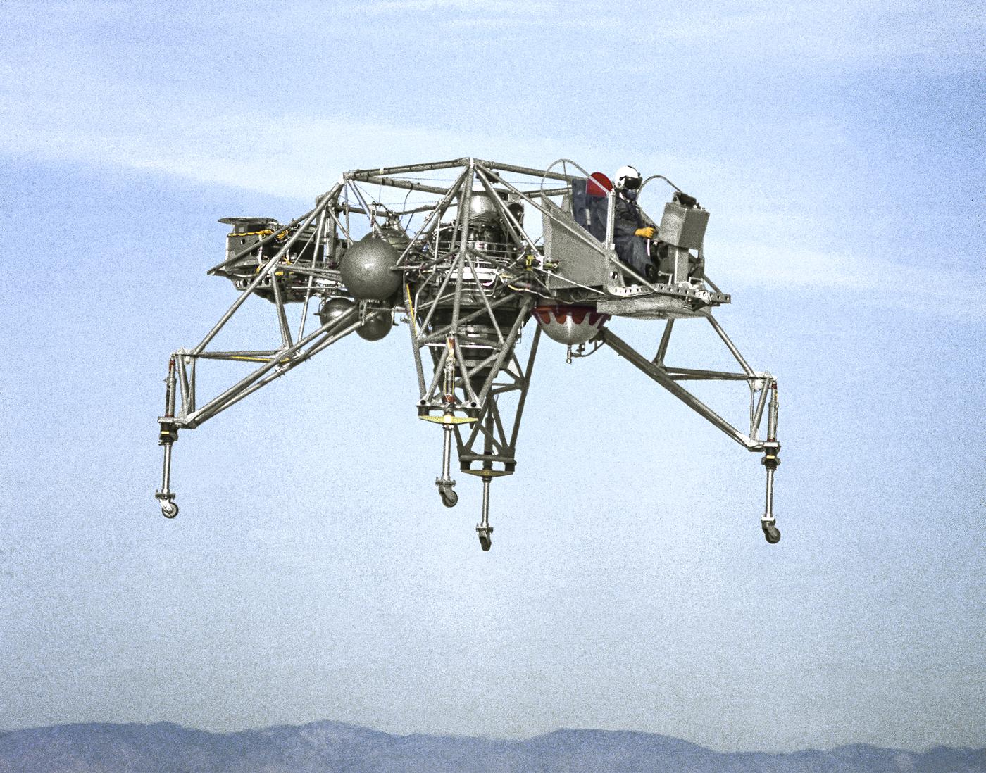 The Lunar Landing Research Vehicle (LLRV) number 1 in flight, December 9, 1964. Original from NASA. Digitally enhanced by... The Lunar Landing Research Vehicle (LLRV) number 1 in flight, December 9, 1964. Original from NASA. Digitally enhanced by...