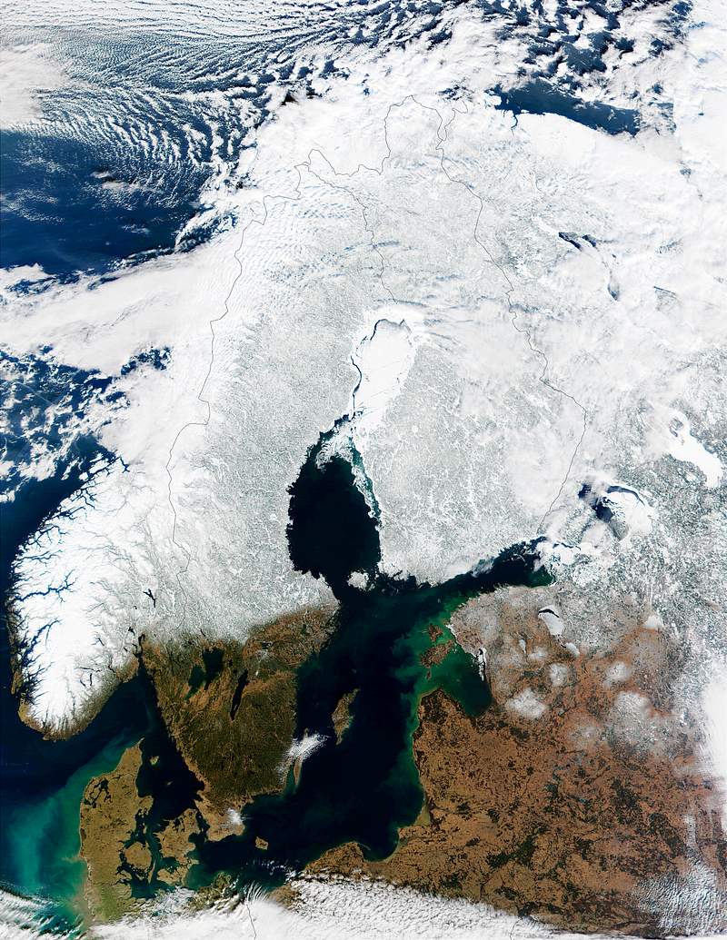 In this mostly cloud-free true-color scene, much of Scandinavia can be seen to be still covered by snow. Original from NASA. Digitally enhanced by rawpixel. In this mostly cloud-free true-color scene, much of Scandinavia can be seen to be still covered by snow. Original from NASA.…
