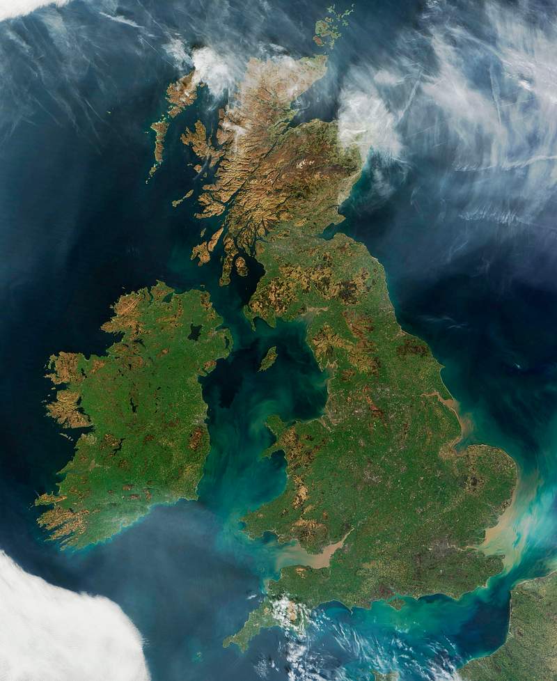Great Britain space view Nearly cloud-free view of Great Britain and Ireland was acquired by the Moderate Resolution Imaging Spectroradiometer aboard…