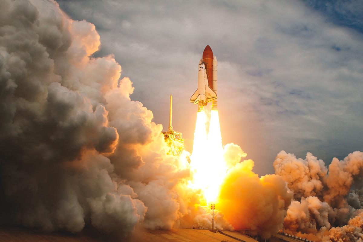 Space shuttle Atlantis and its four-member STS-135 crew head toward Earth orbit and rendezvous with the International Space Station, 8 July 2011. Original from NASA . Digitally enhanced by rawpixel.