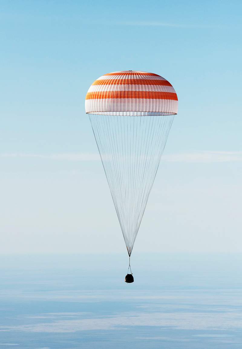 The Soyuz MS-02 spacecraft is seen as it lands with Expedition 50 near the town of Zhezkazgan, Kazakhstan, April 10, 2017.…