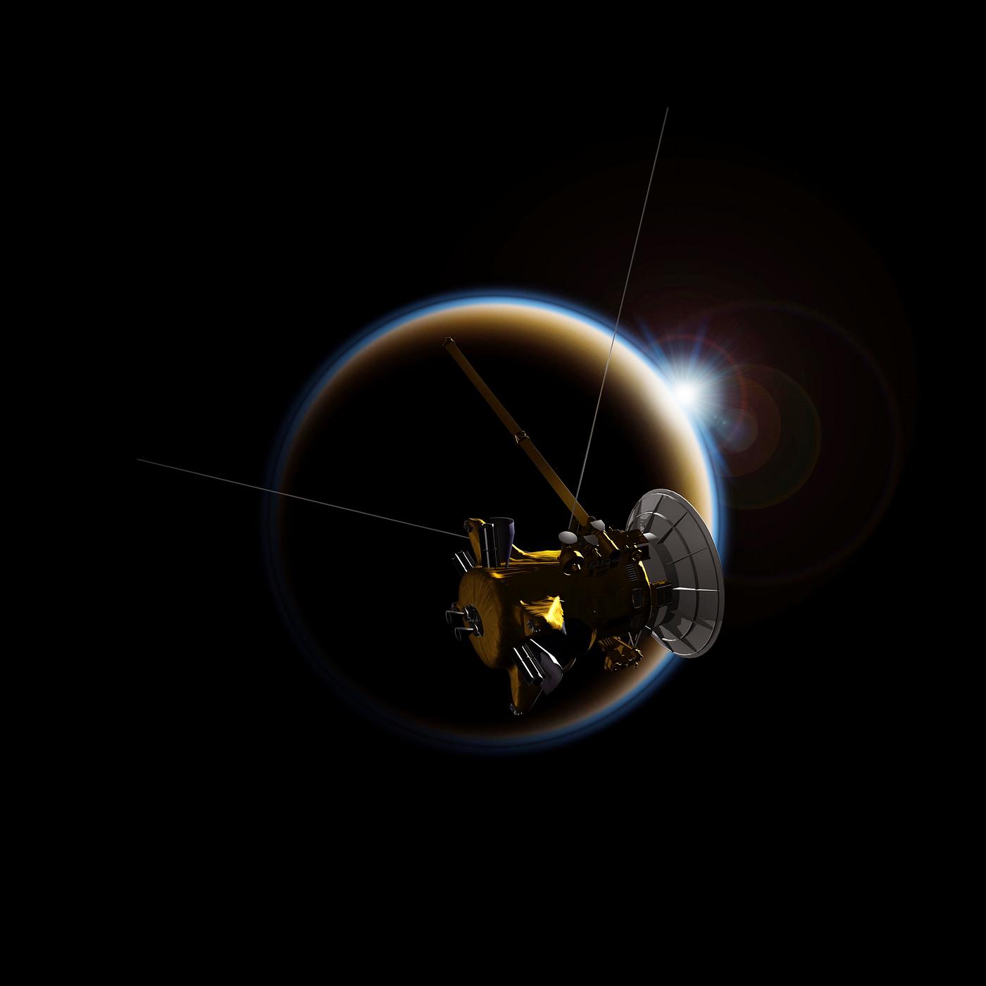 Artist's rendering of NASA's Cassini spacecraft observing a sunset through Titan's hazy atmosphere. Original... Artist's rendering of NASA's Cassini spacecraft observing a sunset through Titan's hazy atmosphere. Original...