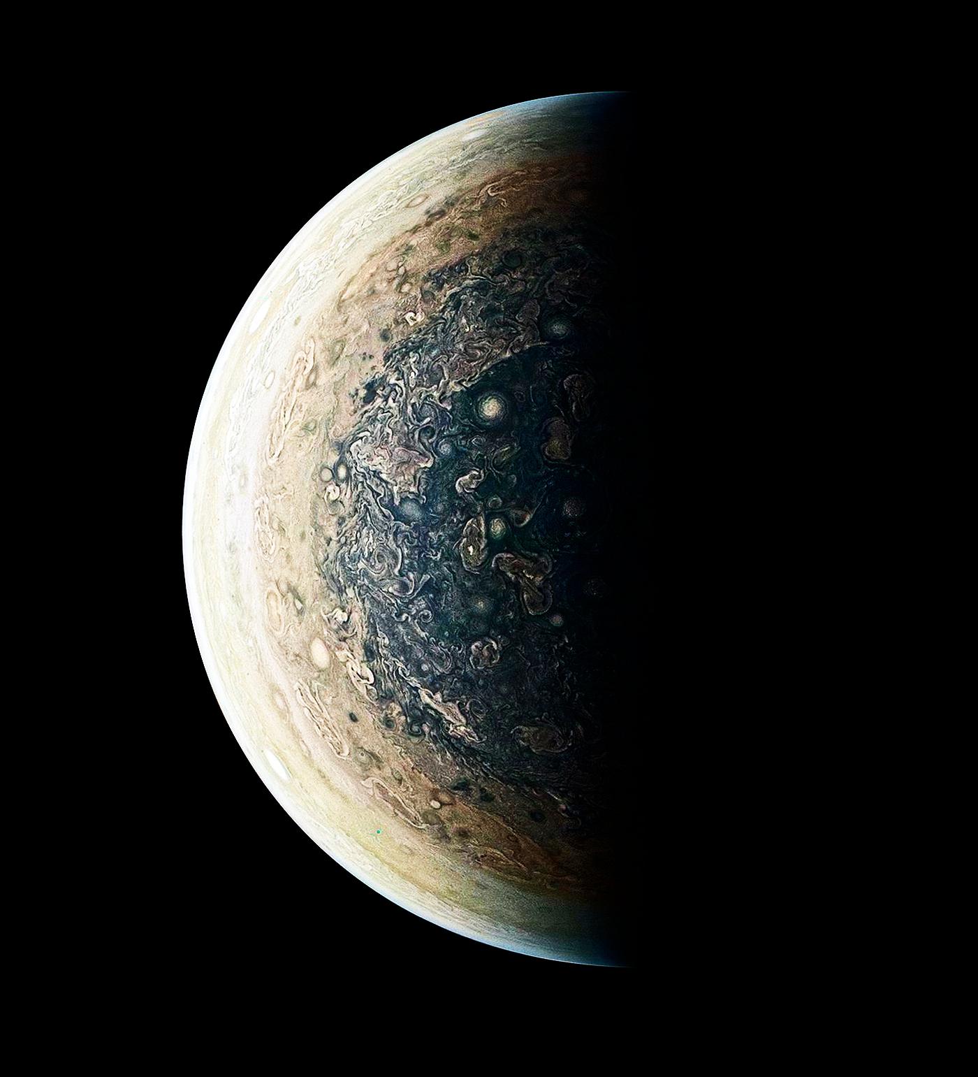 This enhanced-color image of Jupiter's south pole and its swirling atmosphere. Original from NASA. Digitally enhanced by... This enhanced-color image of Jupiter's south pole and its swirling atmosphere. Original from NASA. Digitally enhanced by...