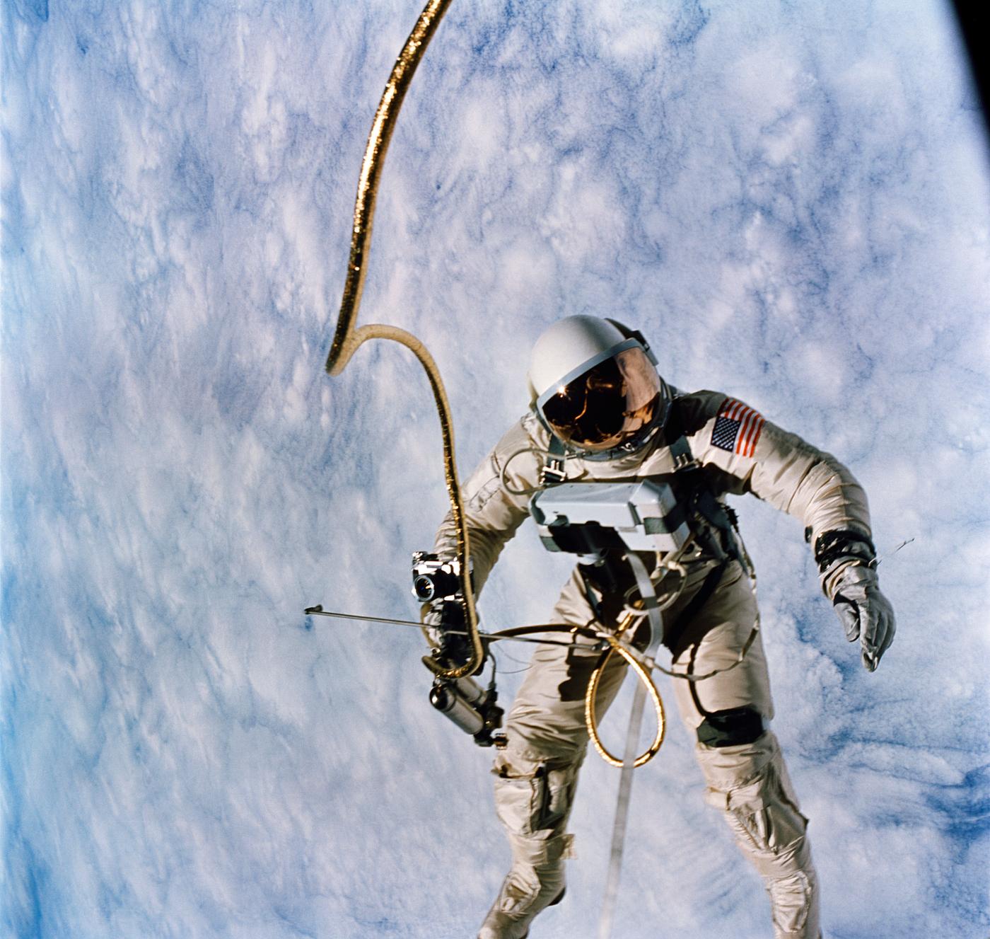Astronaut Edward H. White II, pilot for the Gemini-Titan 4 (GT-4) spaceflight, floats in the zero-gravity of space during... Astronaut Edward H. White II, pilot for the Gemini-Titan 4 (GT-4) spaceflight, floats in the zero-gravity of space during...