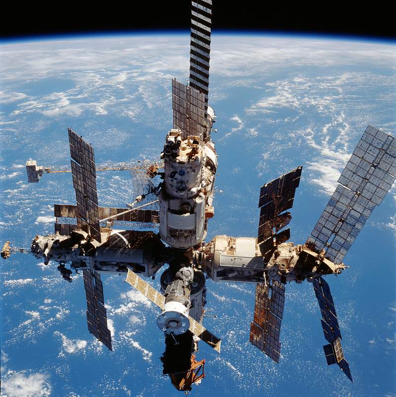 Space station | Free public domain photo Full views of Mir Space Station after undocking during flyaround. Original from NASA. Digitally enhanced by rawpixel.