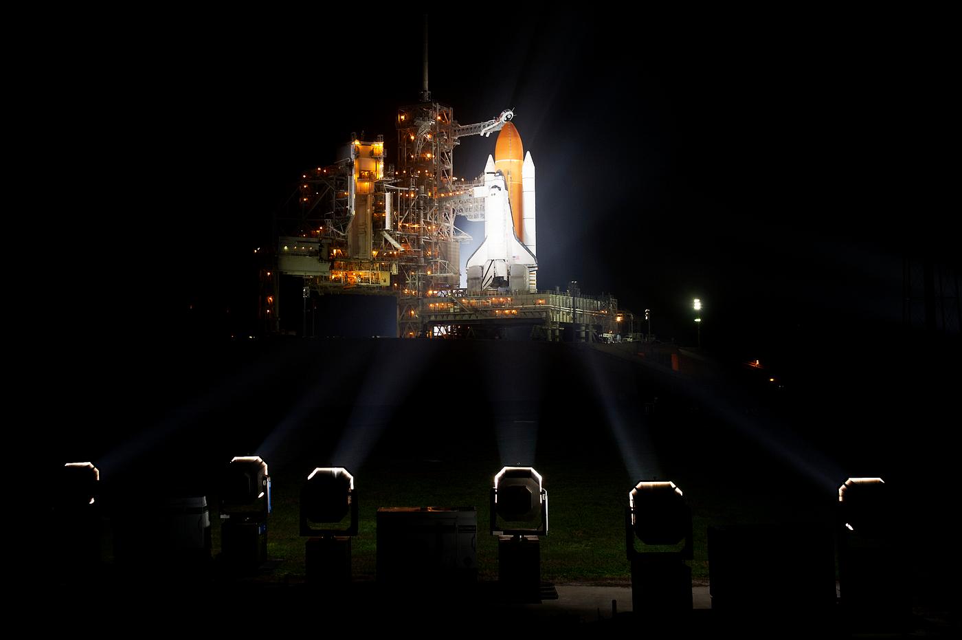 The space shuttle Discovery is seen shortly after the Rotating Service Structure was rolled back at launch pad 39A, at the... The space shuttle Discovery is seen shortly after the Rotating Service Structure was rolled back at launch pad 39A, at the...