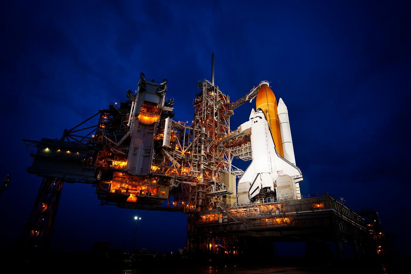 The space shuttle Atlantis is seen shortly after the rotating service structure (RSS) was rolled back at launch pad 39a,... The space shuttle Atlantis is seen shortly after the rotating service structure (RSS) was rolled back at launch pad 39a,...
