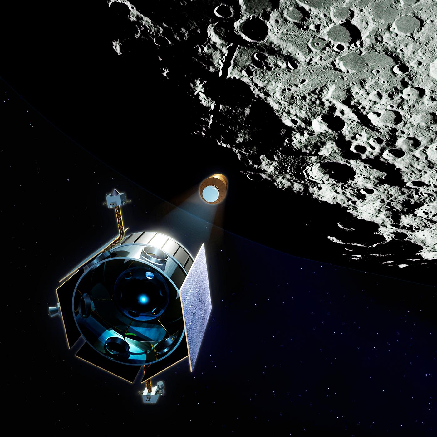 Rendered image of Lunar Crater Observation and Sensing Satellite crashing into the moon to test for the presence of water.... Rendered image of Lunar Crater Observation and Sensing Satellite crashing into the moon to test for the presence of water....