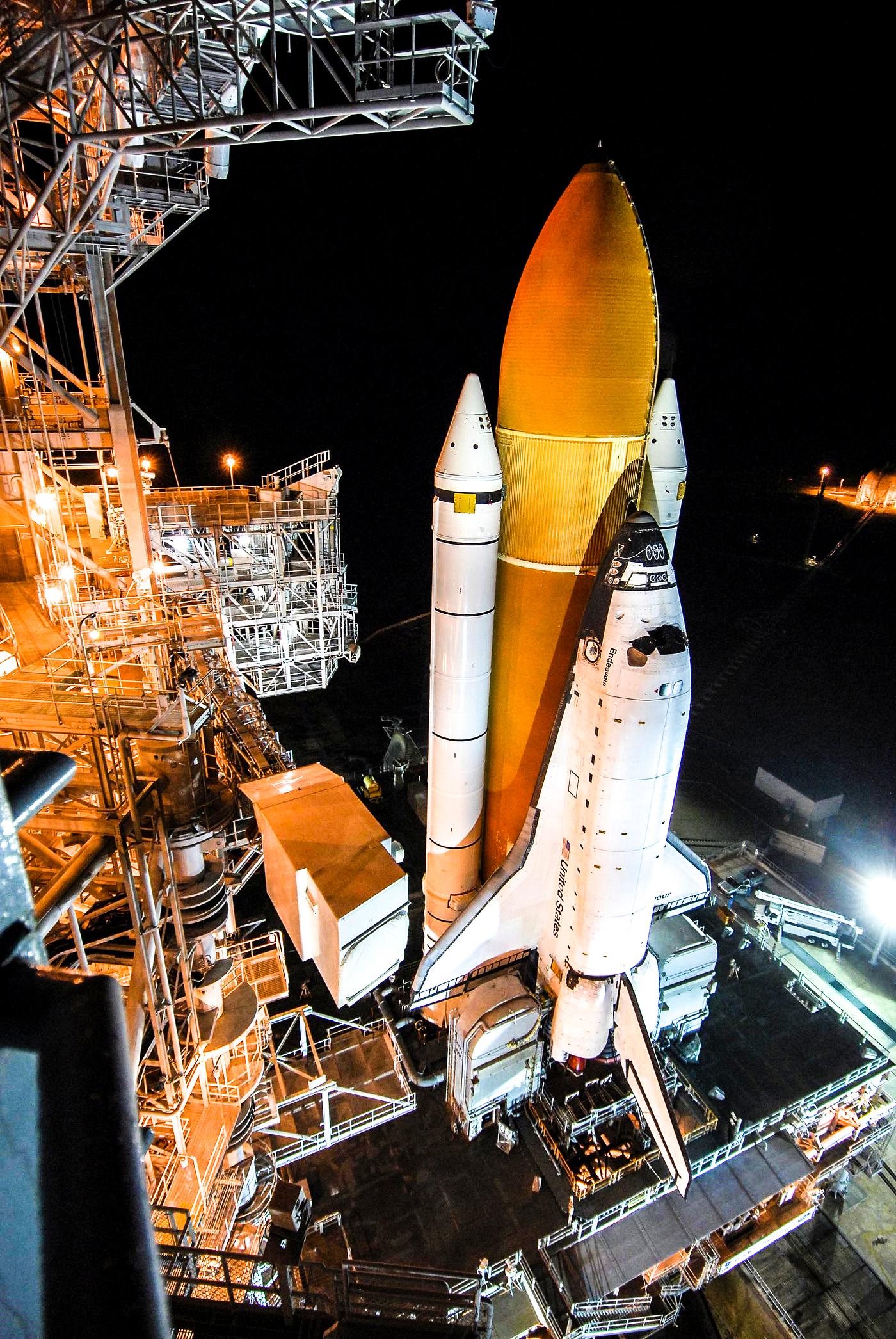 The mobile launcher platform with space shuttle Endeavour on top comes to rest on Launch Pad 39A. Original from NASA.... The mobile launcher platform with space shuttle Endeavour on top comes to rest on Launch Pad 39A. Original from NASA....