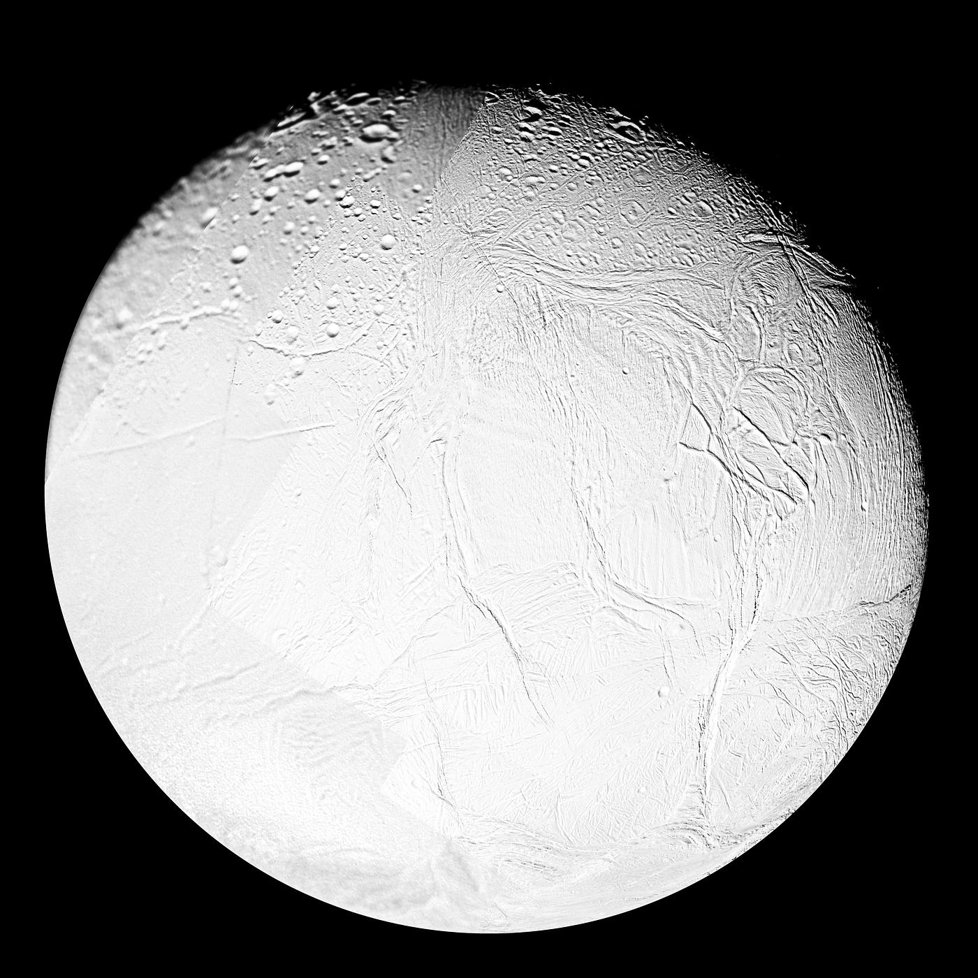 A variety of surface ages is revealed in this 16-image mosaic taken during Cassini's first close flyby of Enceladus, on... A variety of surface ages is revealed in this 16-image mosaic taken during Cassini's first close flyby of Enceladus, on...