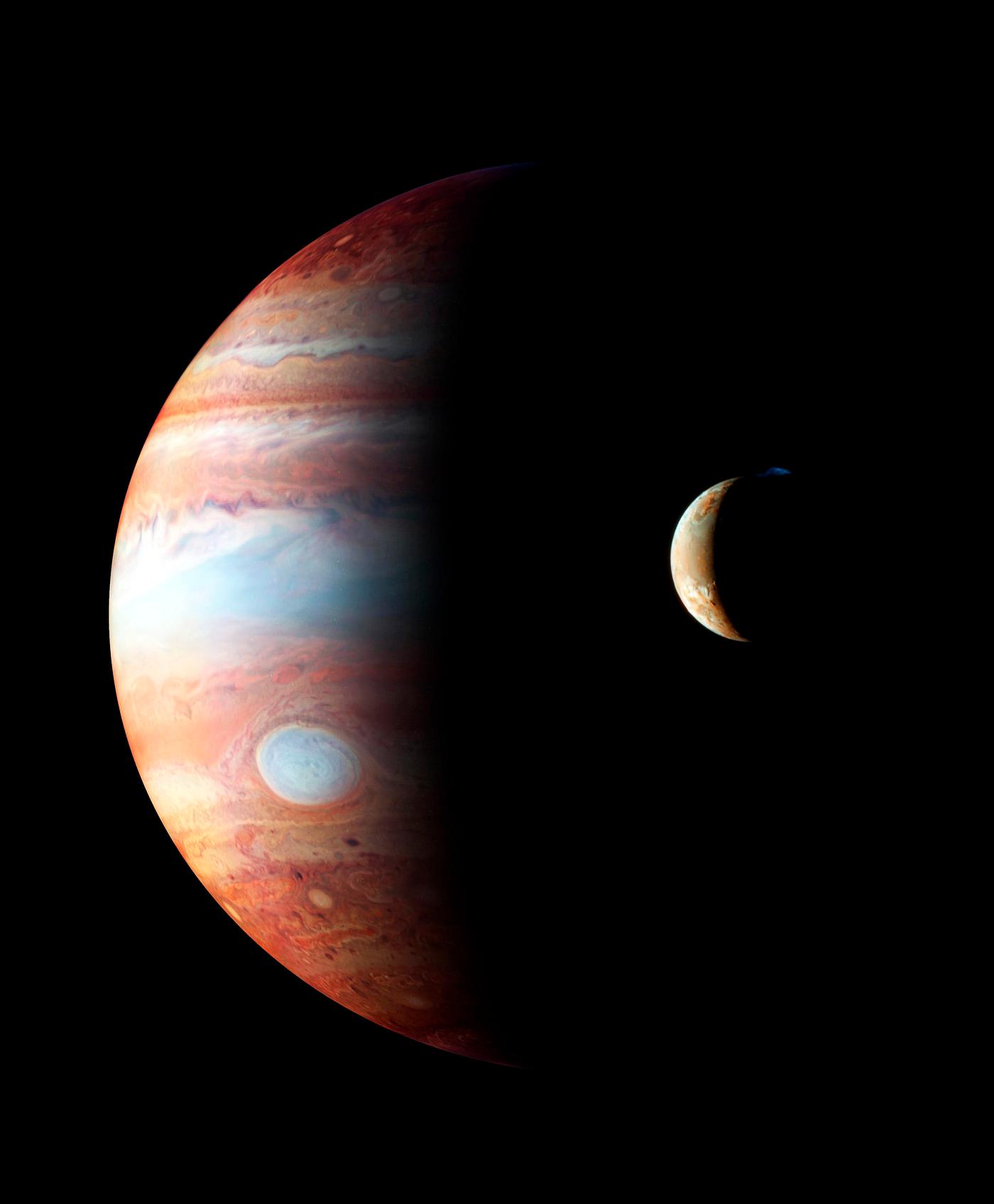 This is a montage of New Horizons images of Jupiter and its volcanic moon Io. Original from NASA. Digitally enhanced by... This is a montage of New Horizons images of Jupiter and its volcanic moon Io. Original from NASA. Digitally enhanced by...