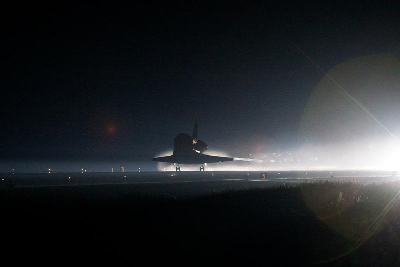 Aircraft on the runway Atlantis nears touchdown for the final time on Runway 15 at the Shuttle Landing Facility at NASA's Kennedy Space Center in…