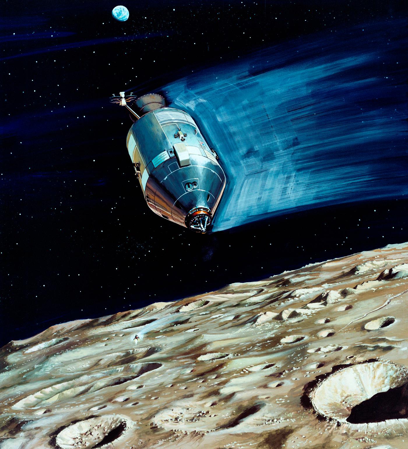 Rendered image of a small lunar subsatellite being ejected into lunar orbit from the Apollo 15 Service Module. Original from... Rendered image of a small lunar subsatellite being ejected into lunar orbit from the Apollo 15 Service Module. Original from...
