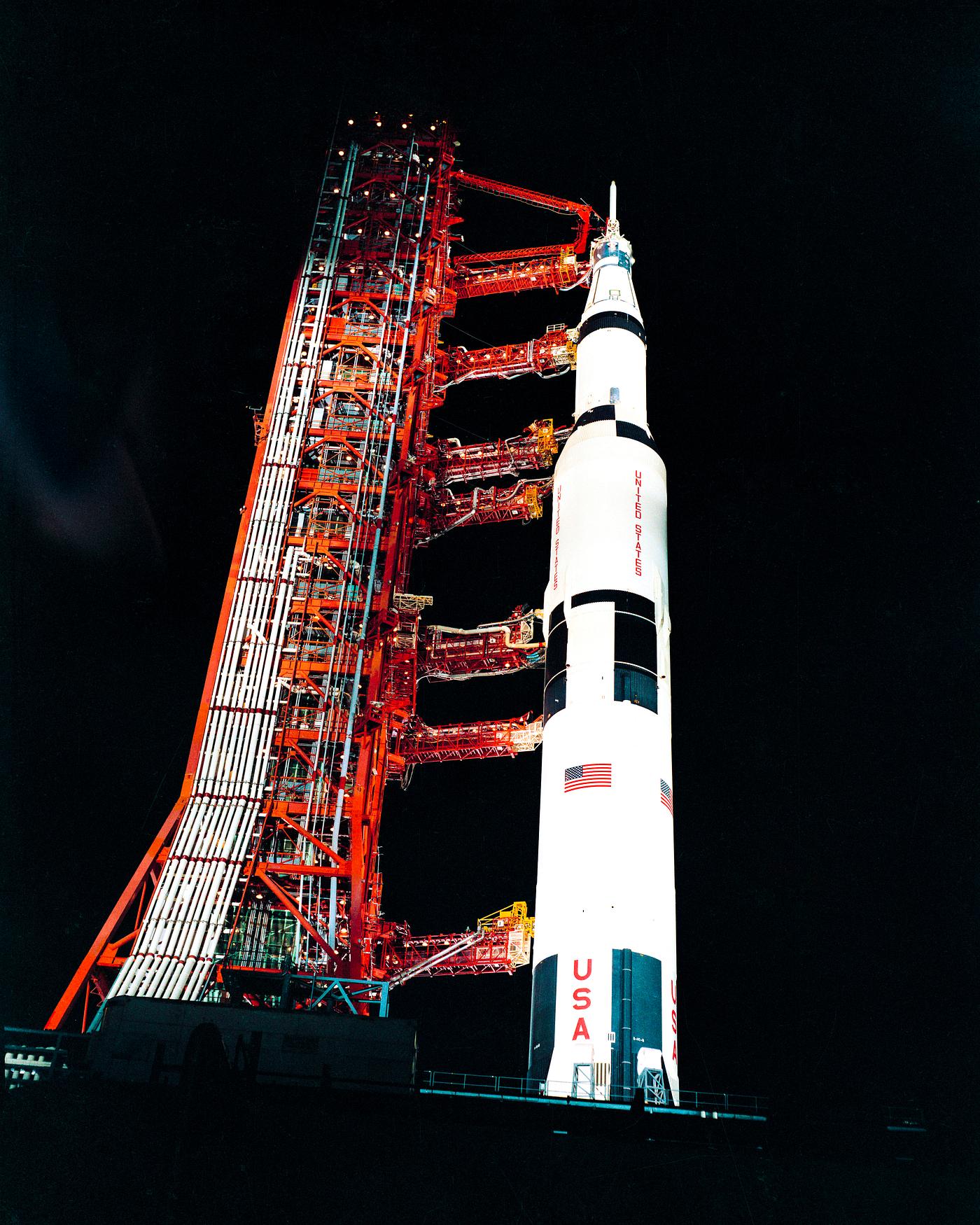 Nighttime, ground level view of Pad A, Launch Complex 39, Kennedy Space Center, showing the Apollo 13. Original from NASA.... Nighttime, ground level view of Pad A, Launch Complex 39, Kennedy Space Center, showing the Apollo 13. Original from NASA....