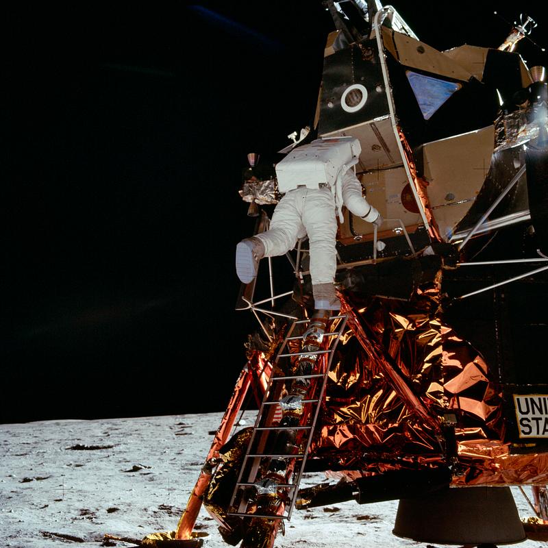 Astronaut Edwin E. Aldrin Jr. Astronaut Edwin E Aldrin Jr, Lunar Module (LM) pilot descends from the LM, climbing down the ladder. Original from NASA.…