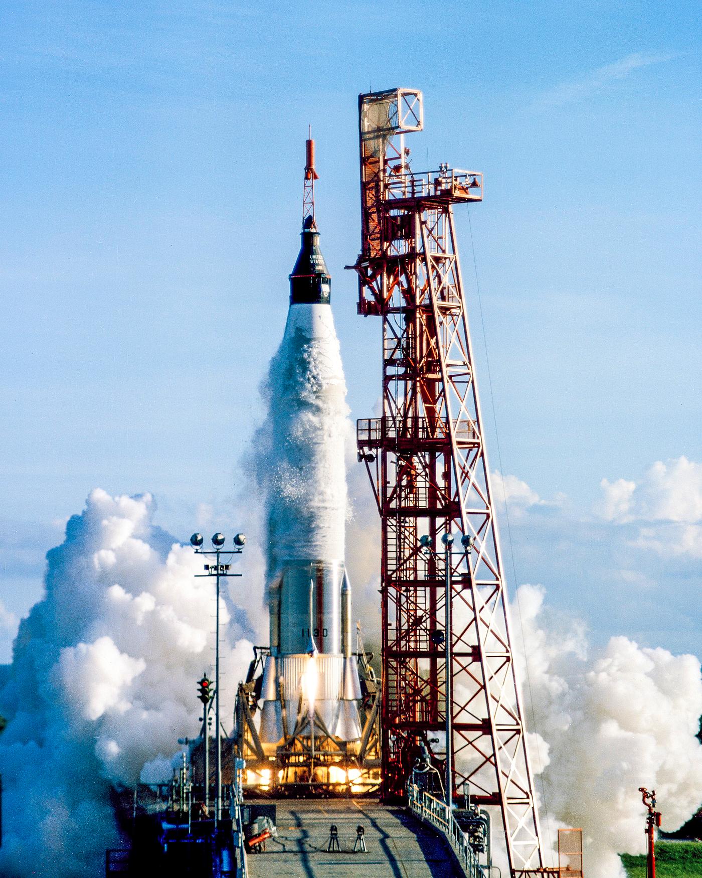 An Atlas launch vehicle lifts off with the Mercury spacecraft Sigma 7 atop with astronaut Walter M. Schirra Jr. aboard.... An Atlas launch vehicle lifts off with the Mercury spacecraft Sigma 7 atop with astronaut Walter M. Schirra Jr. aboard....
