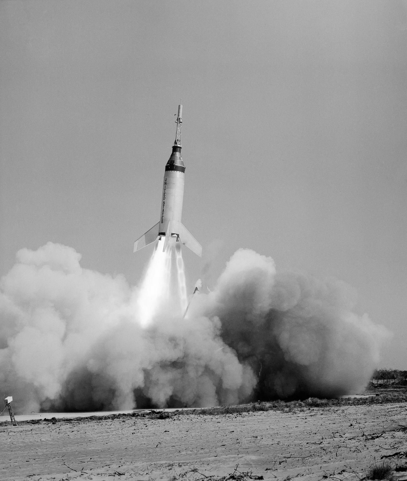 View of the launch of the Little Joe-5B spacecraft from Wallops Island on April 28, 1961. Original from NASA. Digitally... View of the launch of the Little Joe-5B spacecraft from Wallops Island on April 28, 1961. Original from NASA. Digitally...
