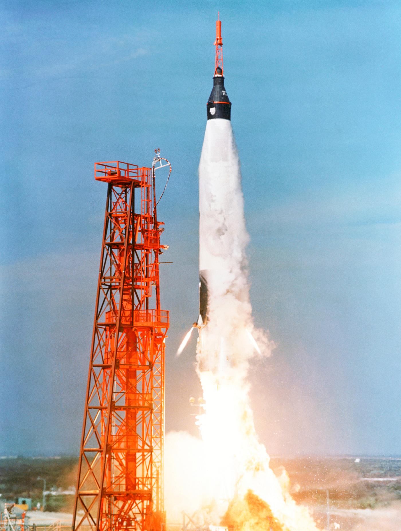 View of the liftoff of Mercury-Atlas 5 carrying space chimpanzee "Enos" on Nov. 29, 1961 from Kennedy Space Center... View of the liftoff of Mercury-Atlas 5 carrying space chimpanzee "Enos" on Nov. 29, 1961 from Kennedy Space Center...