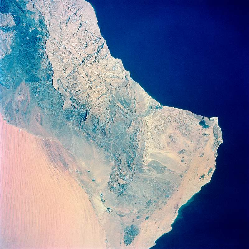 View of the southeastern tip of the Arabian Peninsula with the Gulf of Oman at upper right. Original from NASA . Digitally enhanced by rawpixel. View of the southeastern tip of the Arabian Peninsula with the Gulf of Oman at upper right. Original from NASA . Digitally…