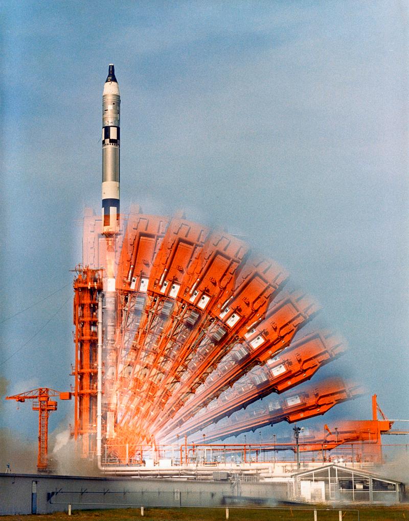 The Gemini-10 spacecraft The Gemini-10 spacecraft is launched from Complex 19 at 5:20 p.m., July 18, 1966. Original from NASA . Digitally enhanced by…