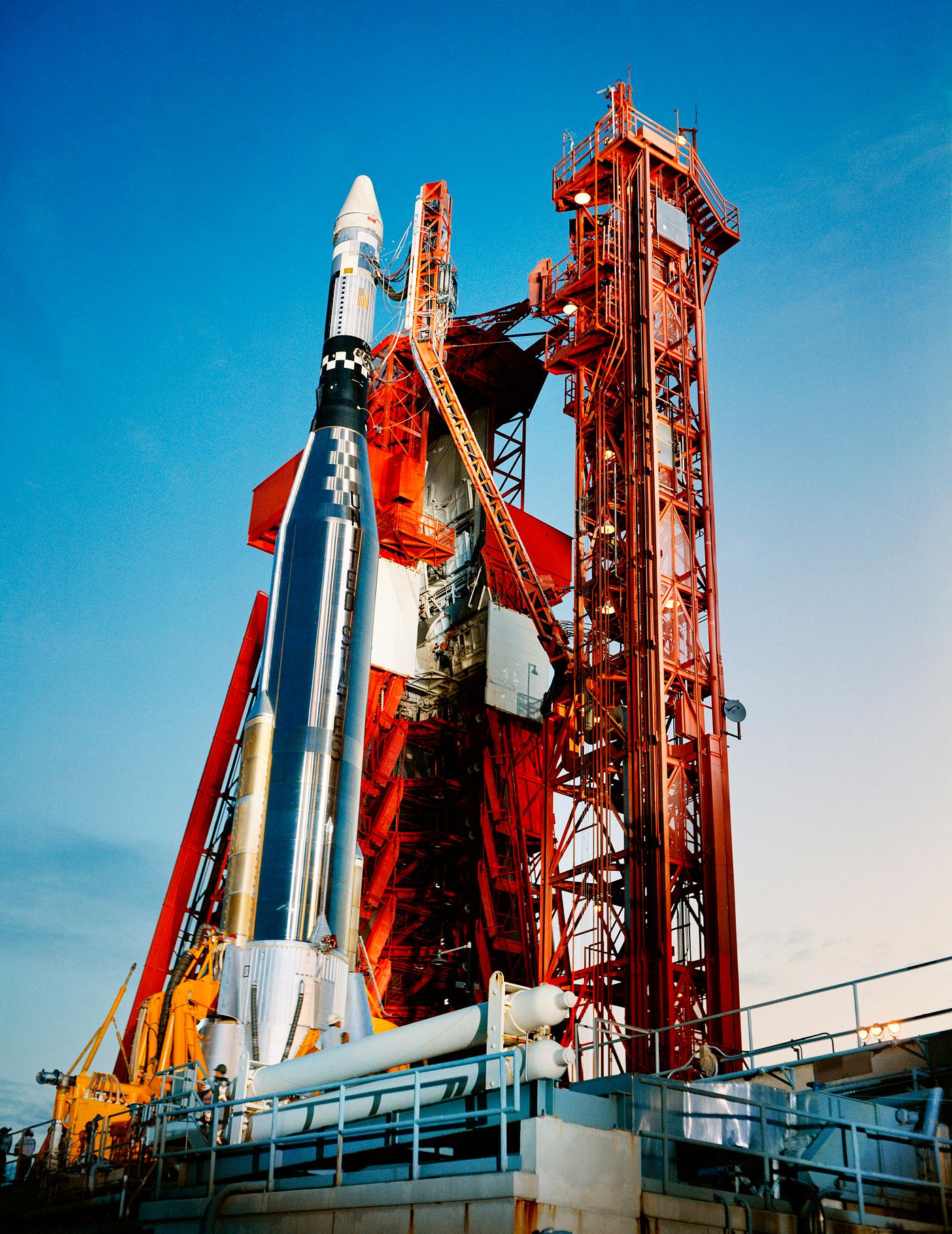 An Agena Target Docking Vehicle atop its Atlas launch vehicle is ready for launch at Launch Complex 14 at Cape Kennedy,... An Agena Target Docking Vehicle atop its Atlas launch vehicle is ready for launch at Launch Complex 14 at Cape Kennedy,...