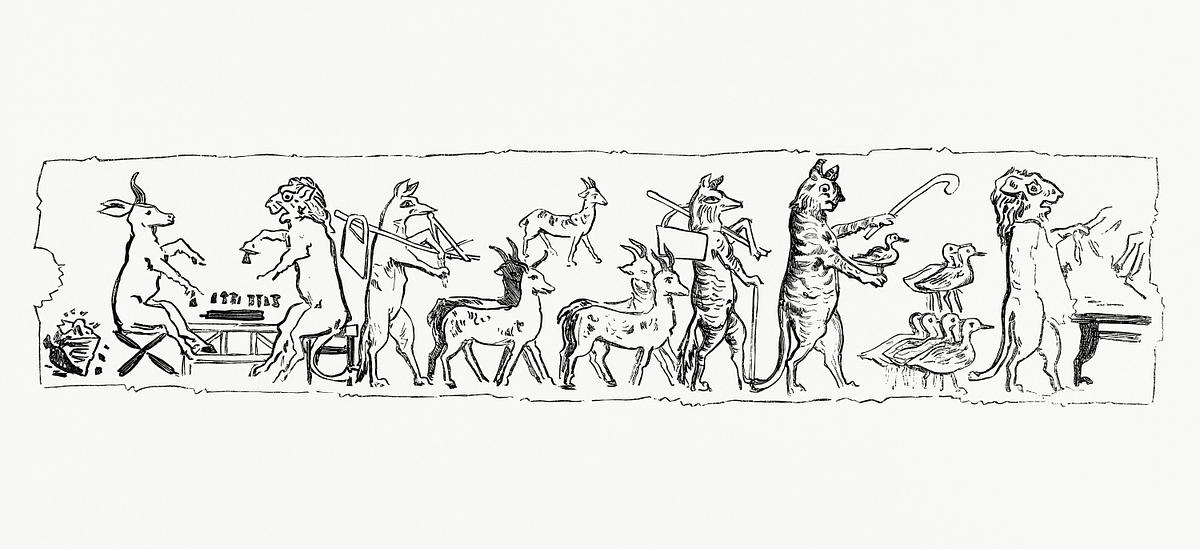 Vintage illustration of Eygptian style… | Royalty free stock psd mockup | High Resolution design Vintage illustration of Eygptian style drawing of animals living like human