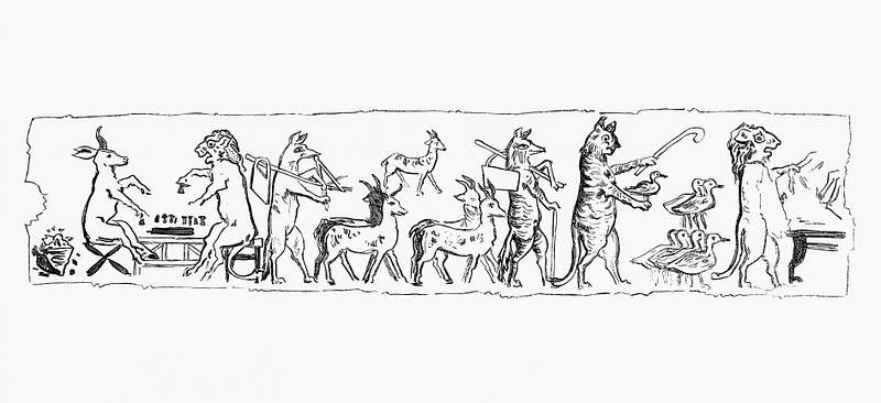 Eygptian style drawing of animals living like human (1862) from Gazette Des Beaux-Arts, a French art review. Digitally enhanced from our own facsimile book. Eygptian style drawing of animals living like human (1862) from Gazette Des Beaux-Arts, a French art review. Digitally…