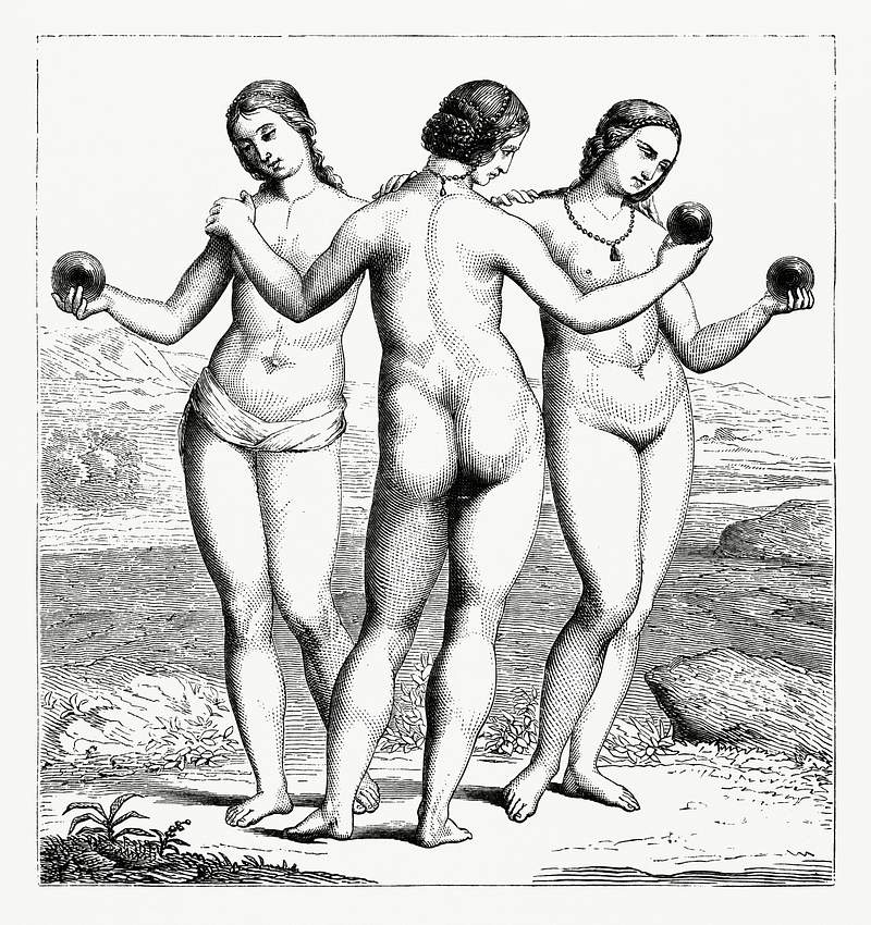 The Three Graces-Painting of the Lord Ward… | Free public domain illustration The Three Graces-Painting of the Lord Ward Gallery (1862) from Gazette Des Beaux-Arts, a French art review. Digitally…