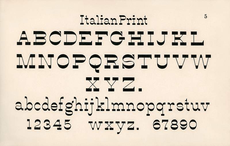 Italian print fonts from Draughtsman's Alphabets by Hermann Esser (1845–1908). Digitally enhanced from our own 5th…