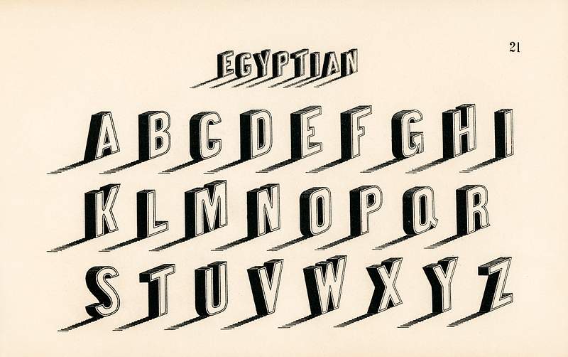 Egyptian style calligraphy fonts from Draughtsman's Alphabets by Hermann Esser (1845–1908). Digitally enhanced from our…