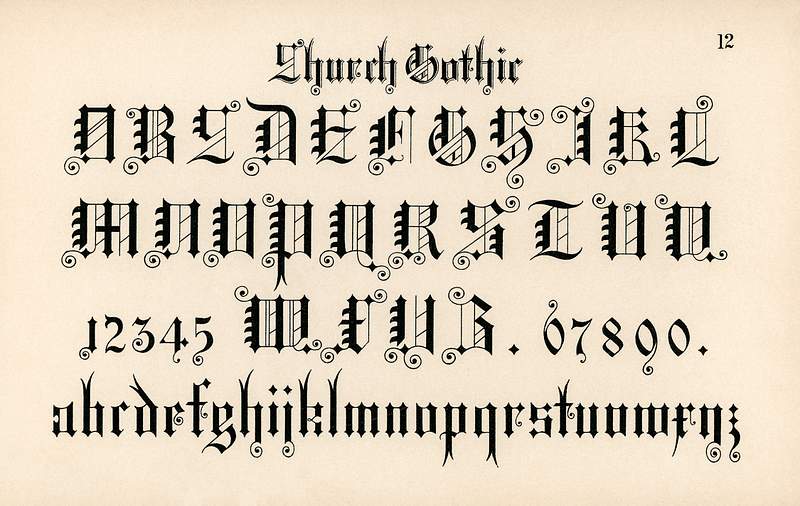 Church gothic calligraphy fonts from Draughtsman's Alphabets by Hermann Esser (1845–1908). Digitally enhanced from our…