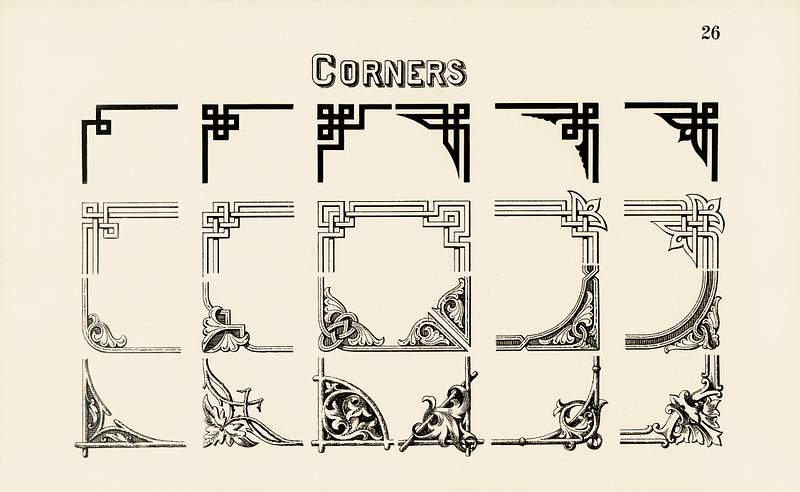Ornamental corner designs from Draughtsman's Alphabets by Hermann Esser (1845–1908). Digitally enhanced from our own…