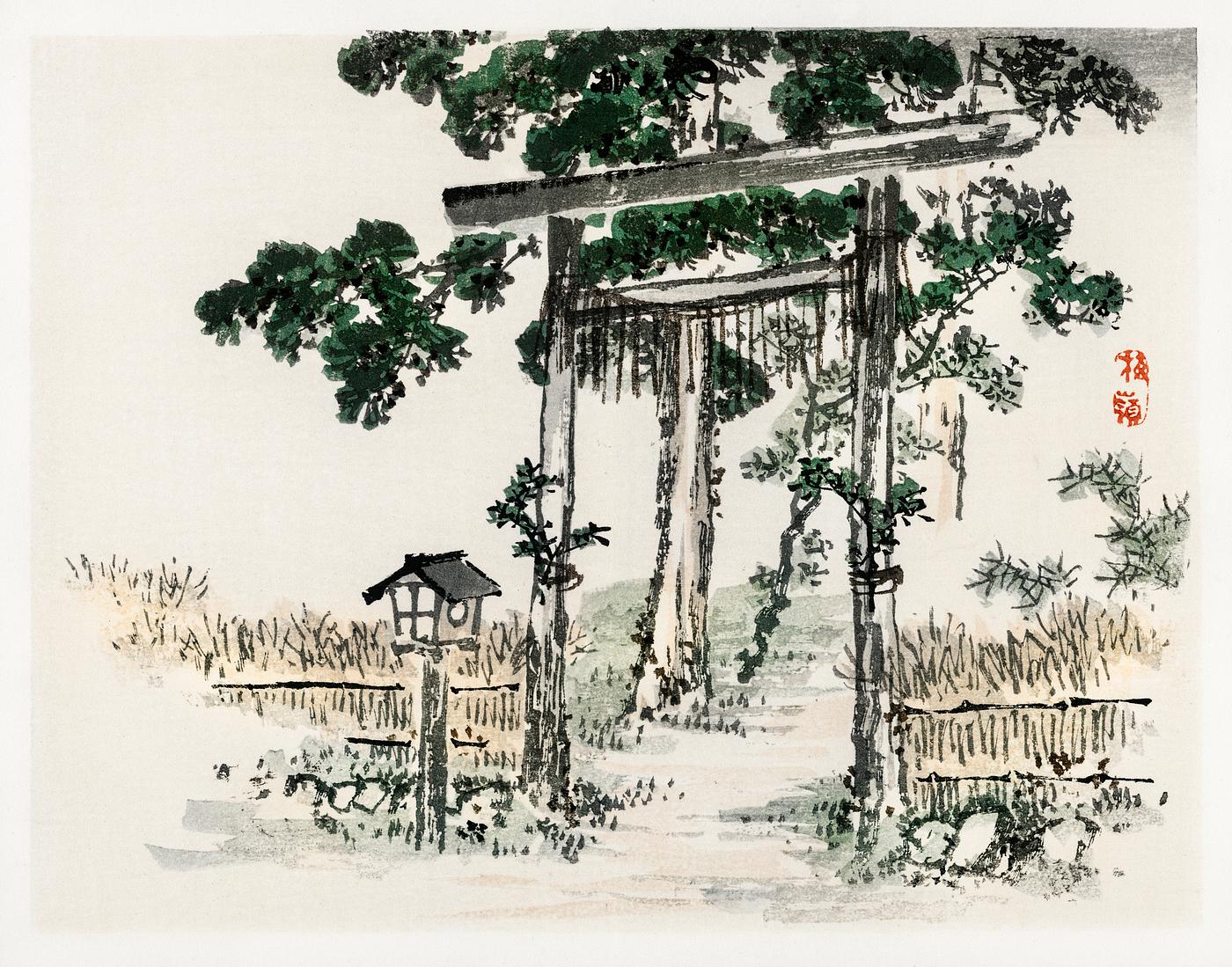 Shrine gate by Kōno Bairei (1844-1895). Digitally enhanced from our own original 1913 edition of Bairei Gakan. Shrine gate by Kōno Bairei (1844-1895). Digitally enhanced from our own original 1913 edition of Bairei Gakan.