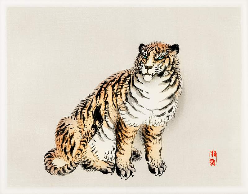Tiger by Kōno Bairei (1844-1895). Digitally enhanced from our own original 1913 edition of Bairei Gakan.