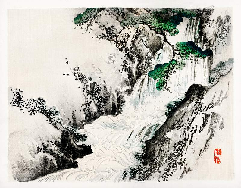 Free royalty image about Waterfall by Kōno Bairei (1844-1895). Digitally enhanced from our own original 1913 edition of Bairei Gakan. Waterfall by Kōno Bairei (1844-1895). Digitally enhanced from our own original 1913 edition of Bairei Gakan.