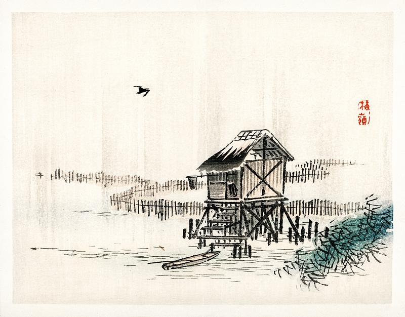 Cottage in the river by Kōno Bairei (1844-1895). Digitally enhanced from our own original 1913 edition of Bairei Gakan. Cottage in the river by Kōno Bairei (1844-1895). Digitally enhanced from our own original 1913 edition of Bairei Gakan.