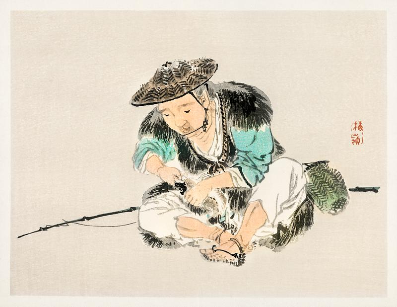 Man maintaining a fishing rod by Kōno Bairei (1844-1895). Digitally enhanced from our own original 1913 edition of Bairei Gakan.. Man maintaining a fishing rod by Kōno Bairei (1844-1895). Digitally enhanced from our own original 1913 edition of Bairei…