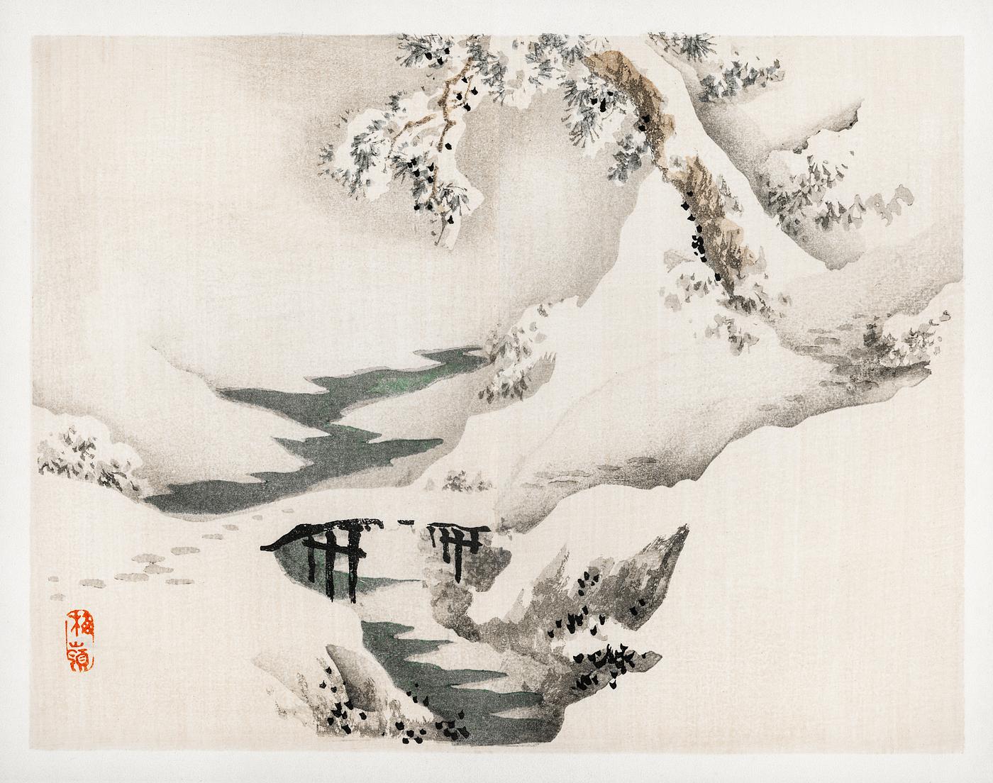 Snowscape by Kōno Bairei (1844-1895). Digitally enhanced from our own original 1913 edition of Barei Gakan. Snowscape by Kōno Bairei (1844-1895). Digitally enhanced from our own original 1913 edition of Barei Gakan.